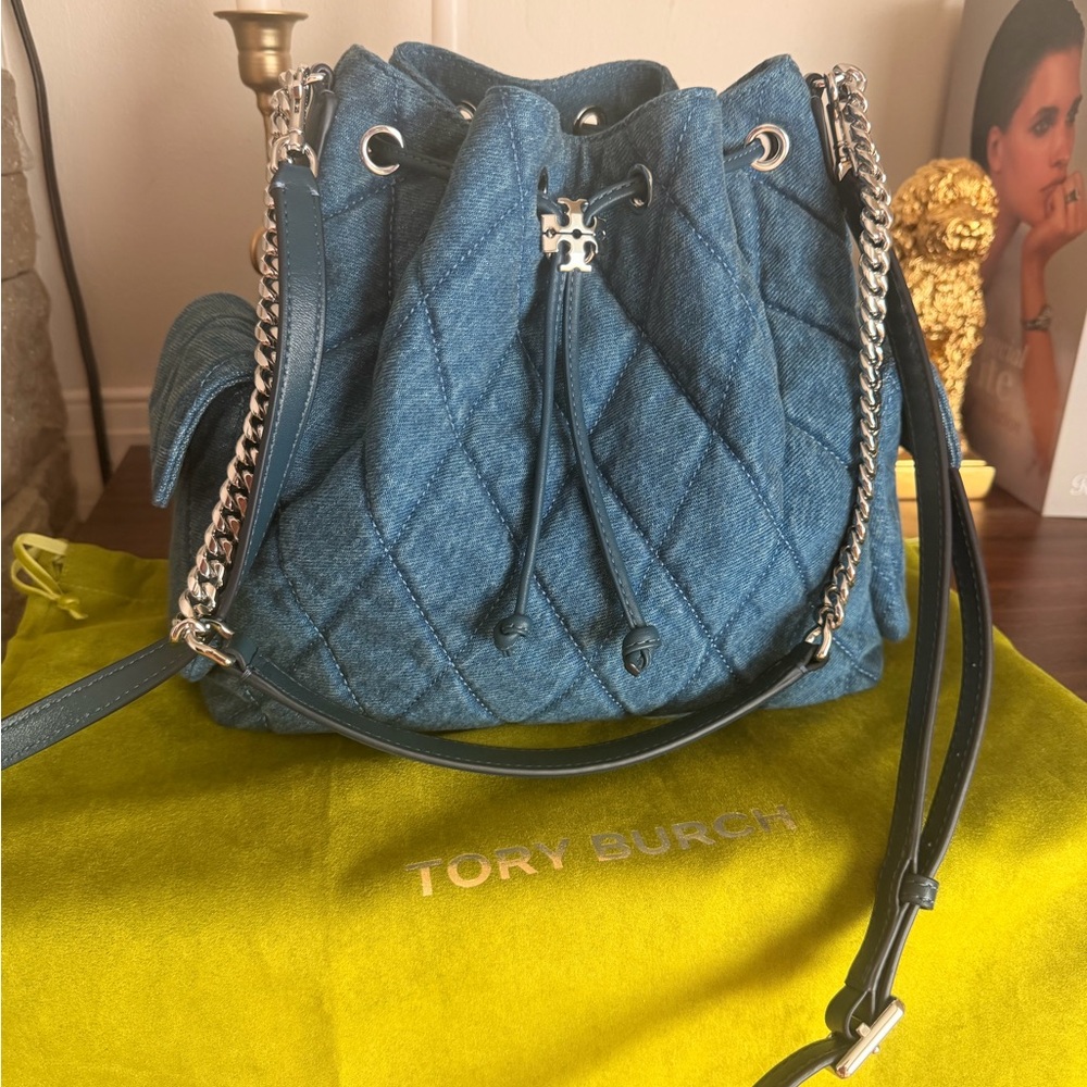 Tory Burch Quilted Denim Drawstring Bucket Bag with Chain Strap